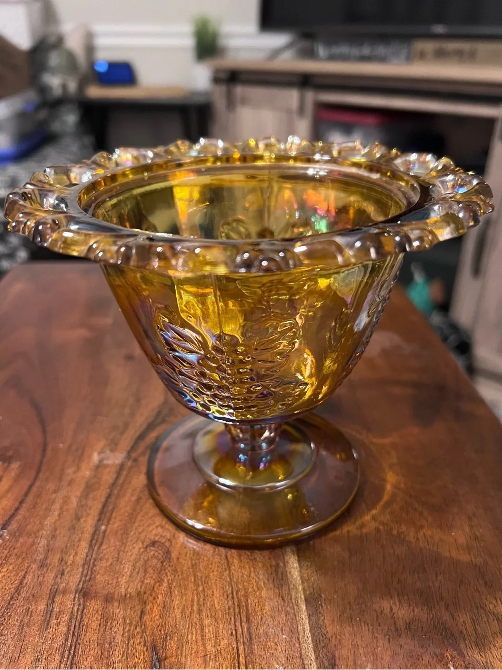 Vintage Indiana Glass Harvest Grape Marigold Carnival Glass Pedestal Compote